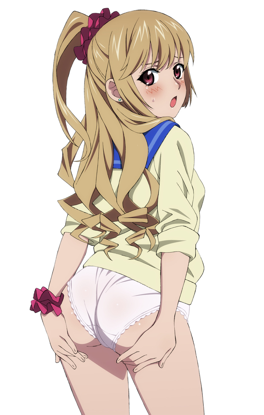 aiba_asagi ass blonde_hair blush earrings from_behind highres jewelry long_hair looking_at_viewer looking_back mokke_(mokke99) no_pants open_mouth panties ponytail red_eyes scrunchie side_ponytail simple_background solo strike_the_blood sweatdrop underwear white_background white_panties