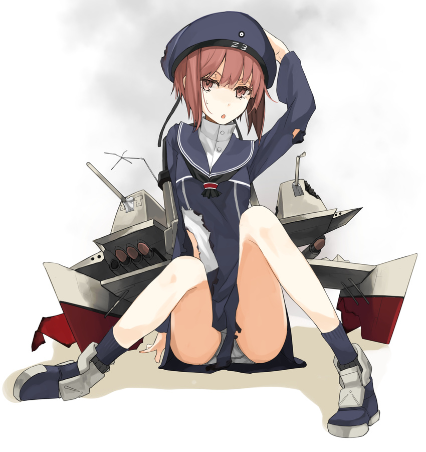 :o brown_eyes brown_hair clothes_writing hand_on_headwear hat highres kantai_collection looking_at_viewer miruto_netsuki open_mouth panties sailor_collar sailor_hat short_hair sitting solo spread_legs sweatdrop torn_clothes underwear white_panties z3_max_schultz_(kantai_collection)