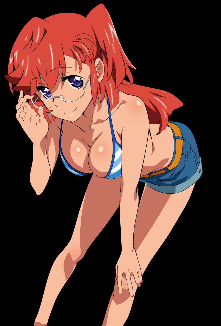 1girl absurdres adjusting_glasses ano_natsu_de_matteru arm_support arms bangs bare_legs bare_shoulders belt bent_over bikini bikini_top black_background blue_eyes body_blush breasts cleavage collarbone ears female glasses hair_between_eyes halter_top halterneck hand_on_knee hands highres hiyamizu_yukie leaning_forward legs long_hair long_image looking_at_viewer no_shirt outstretched_arm pose red_hair shade shadow shiny shiny_hair shiny_skin short_shorts shorts side_ponytail simple_background smile solo standing striped striped_bikini striped_swimsuit swimsuit takatsuki_ichika tall_image vector_trace
