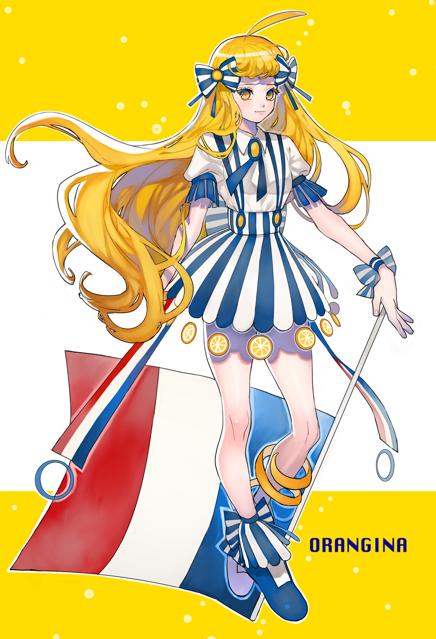 absurdres ahoge arutera bad_id bad_pixiv_id banned_artist blonde_hair bow copyright_name dress flag france hair_bow hair_ornament highres long_hair orangina personification shoes short_sleeves solo text_focus very_long_hair yellow_eyes