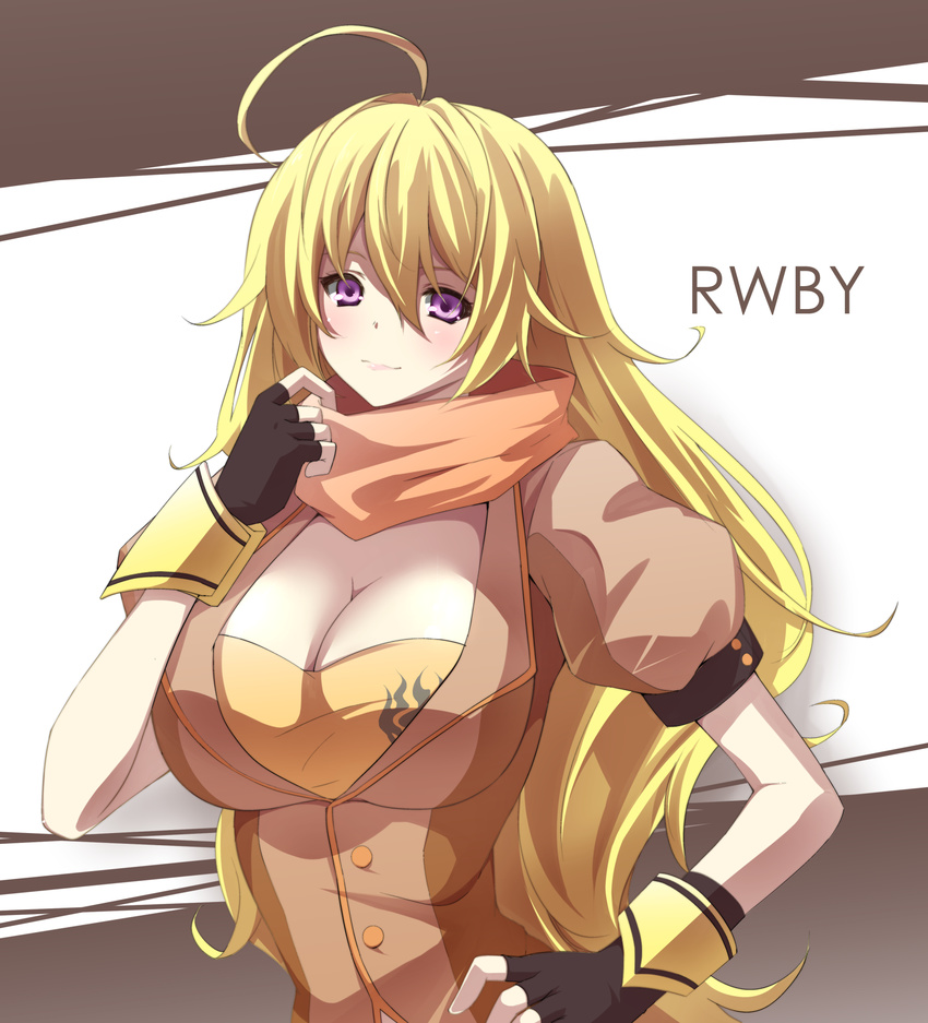 1girl ahoge blonde_hair blush breasts cleavage copyright_name female fingerless_gloves gauntlets gloves hand_on_hip highres large_breasts long_hair looking_at_viewer neckerchief purple_eyes rwby smile solo weapon yang_xiao_long