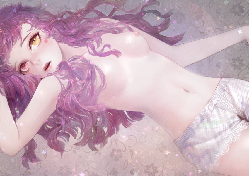 blush breasts heather37 heterochromia league_of_legends long_hair lulu_(league_of_legends) navel nipples open_mouth panties purple_hair small_breasts solo stomach topless underwear