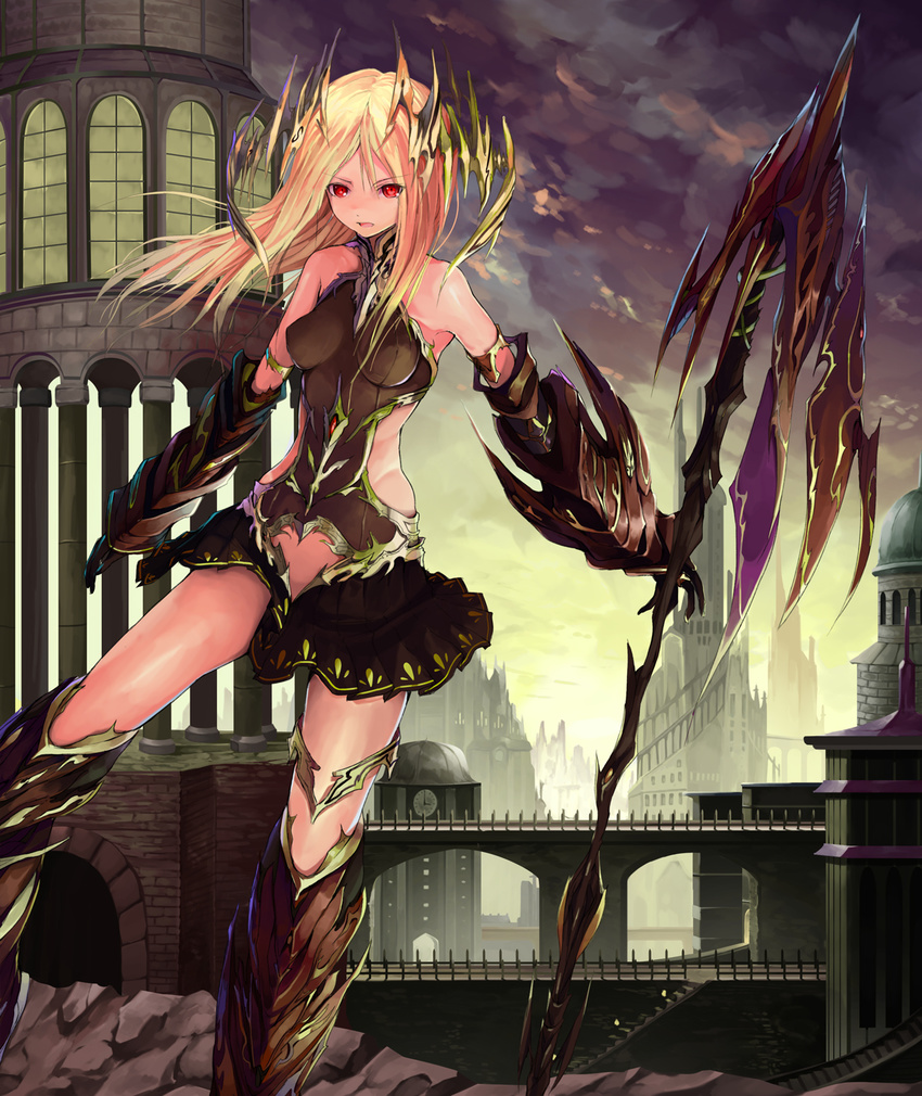 armor bad_id bad_pixiv_id blonde_hair building highres long_hair looking_at_viewer pixiv_fantasia pixiv_fantasia_fallen_kings polearm red_eyes skirt solo solru spear weapon