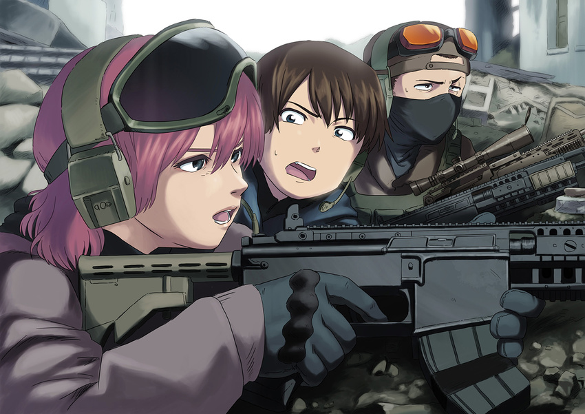 2boys assault_rifle black_eyes blue_eyes brown_hair city commentary face_mask gloves goggles goggles_on_head gun headset looking_at_another mask military multiple_boys original pink_hair rifle rubble ruins saving_private_ryan scope shiba_hajime short_hair sniper_rifle sweat war weapon