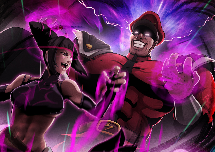 1girl abs aura bad_deviantart_id bad_id bared_teeth belt black_hair breasts cape crop_top detached_sleeves drill_hair evil_grin evil_smile fingerless_gloves gloves glowing glowing_eye glowing_eyes glowing_hand grin halter_top halterneck han_juri hat height_difference large_breasts magion02 midriff muscle navel pauldrons peaked_cap purple_eyes smile street_fighter toned twin_drills underboob vega