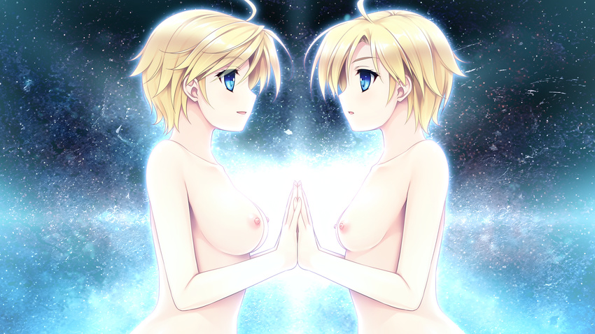 2girls areolae blonde_hair blue_eyes breasts eye_contact game_cg hello_lady! highres looking_at_another medium_breasts multiple_girls nipples nude saeki_hokuto serious short_hair simple_background small_breasts smile standing