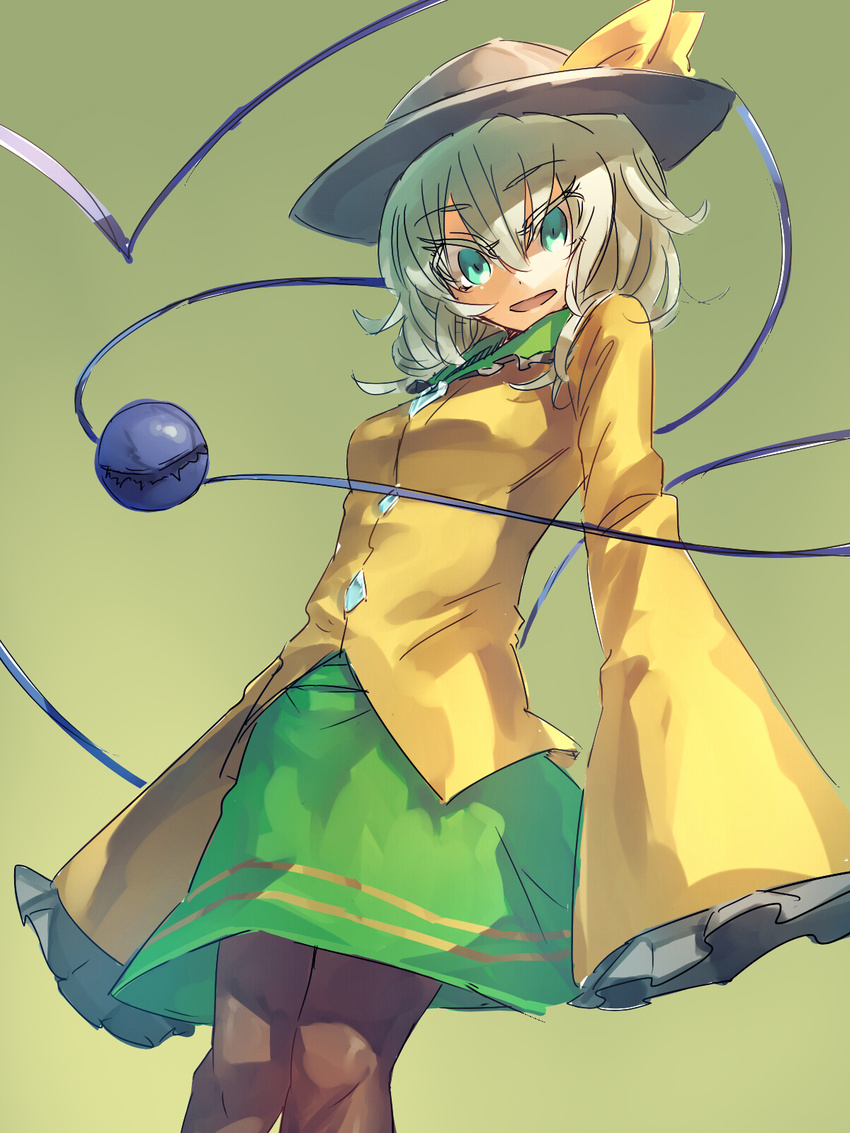 bow buttons green_eyes green_hair green_skirt hat hat_bow heart highres komeiji_koishi long_sleeves looking_at_viewer melon22 messy_hair oversized_clothes pantyhose shirt simple_background skirt sleeves_past_fingers sleeves_past_wrists solo third_eye touhou wide_sleeves