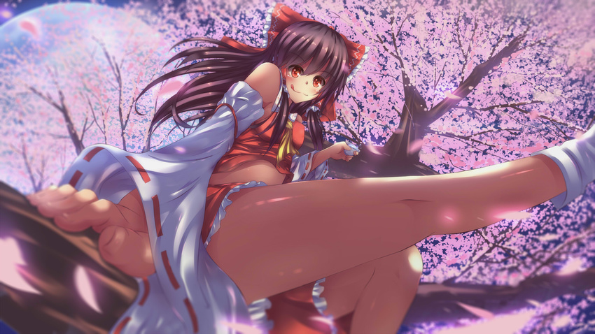 :q alcohol ascot blurry blush bow brown_hair cherry_blossoms choko_(cup) commentary_request crop_top crop_top_overhang cup depth_of_field detached_sleeves drunk foreshortening full_moon hair_bow hair_tubes hakurei_reimu highres in_tree leg_up legs long_hair looking_at_viewer midriff miniskirt moon night petals red_eyes sake sitting sitting_in_tree skirt smile solo tongue tongue_out touhou tree waruwarutsu