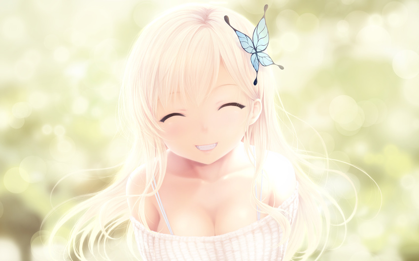 ^_^ bare_shoulders blonde_hair blurry blush boku_wa_tomodachi_ga_sukunai breasts butterfly_hair_ornament cait cleavage closed_eyes collarbone depth_of_field grin hair_ornament highres kashiwazaki_sena large_breasts long_hair smile solo upper_body