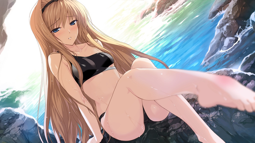 1girl barefoot bikini blonde_hair blue_eyes breasts game_cg long_hair ocean onigirikun pastel_chime_3 shirley_corvette solo swimsuit very_long_hair water wet