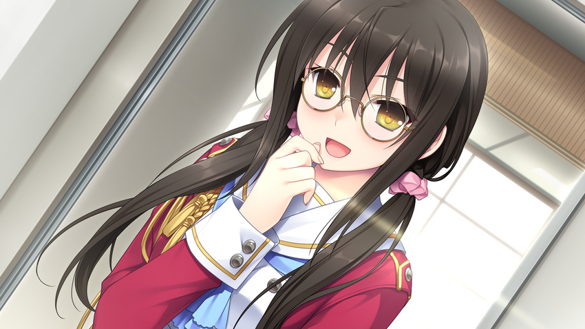 1girl black_hair blush ears face game_cg glasses happy hello_lady! highres long_hair looking_at_viewer nose open_mouth saeki_hokuto school_uniform smile solo standing sunlight twintails window yellow_eyes