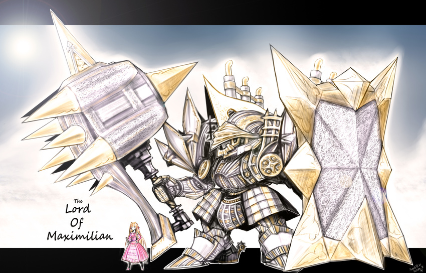 blonde_hair character_name commentary_request dress highres kotoba_noriaki letterboxed long_hair mace mecha original outside_border pink_dress shield spurs steampunk very_long_hair weapon