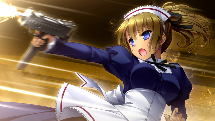 blonde_hair blue_eyes breasts firing game_cg gun hello_lady! highres large_breasts long_hair looking_away mac-10 maid maid_headdress open_mouth ponytail saeki_hokuto simple_background solo standing submachine_gun weapon