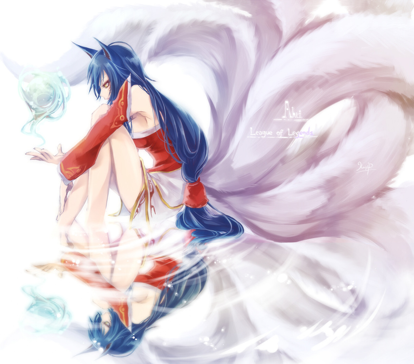 ahri animal_ears blue_hair detached_sleeves dress fox_ears fox_tail frown kakip korean_clothes league_of_legends long_hair long_sleeves low-tied_long_hair multiple_tails reflection sitting solo tail very_long_hair water yellow_eyes