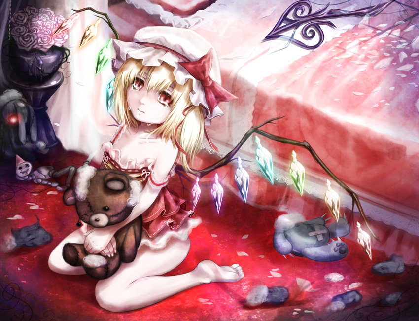 barefoot bed blanket blonde_hair bottomless bouquet bow broken collarbone crying doll_hug flandre_scarlet flower glowing glowing_eyes hair_ribbon hat hat_bow hoshibuchi mob_cap naked_shirt pillow pink_flower pink_rose puppet puppet_strings red_eyes ribbon rose shards shirt side_ponytail sitting solo strap_slip stuffed_animal stuffed_bunny stuffed_toy tears teddy_bear touhou wariza wings