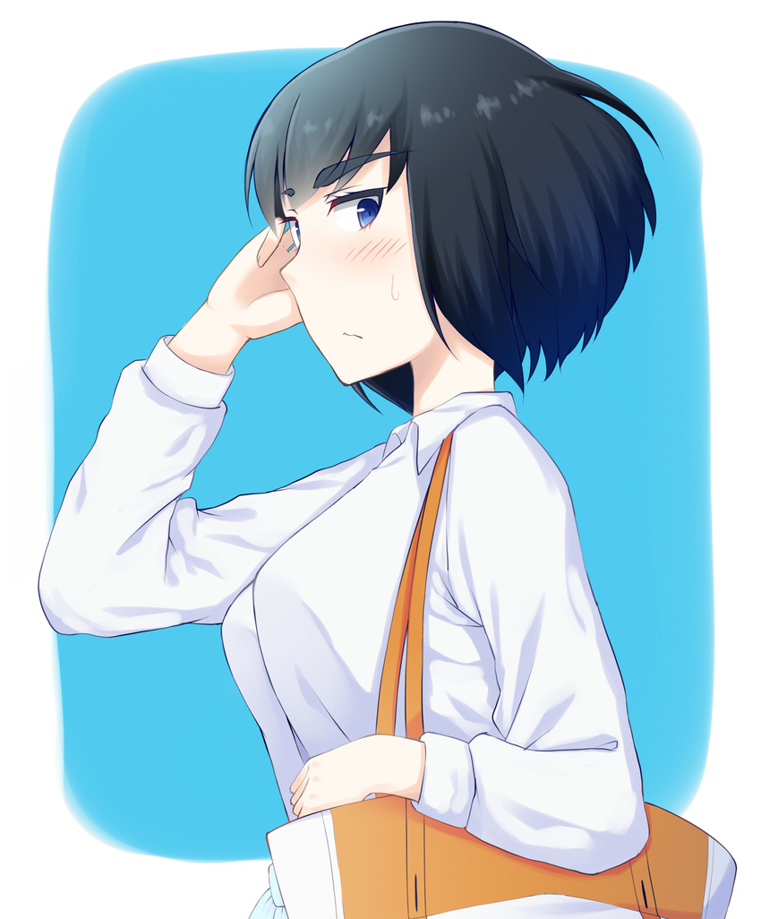 bag black_hair blue_background blue_eyes blush breasts handbag highres kill_la_kill kiryuuin_satsuki kurono_nekomaru long_sleeves medium_breasts shirt short_hair solo spoilers sweatdrop wavy_mouth