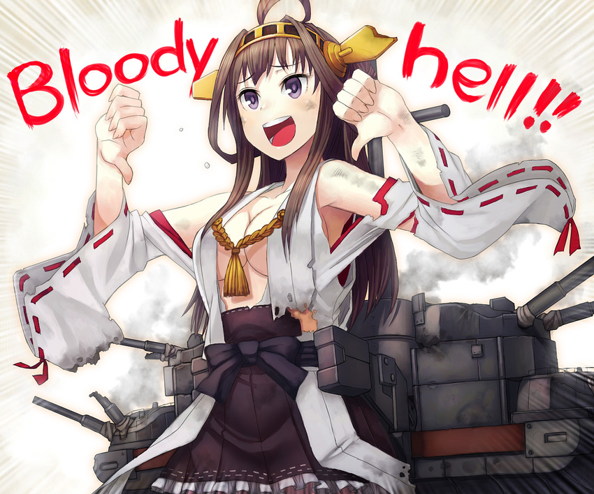:d ahoge armpits bare_shoulders bow breasts brown_hair burnt_clothes cannon cleavage commentary damaged detached_sleeves dirty_clothes double_bun double_thumbs_down emphasis_lines english frilled_skirt frills hairband highres itou_(onsoku_tassha) japanese_clothes kantai_collection kongou_(kantai_collection) large_breasts long_hair machinery nontraditional_miko open_mouth pleated_skirt purple_eyes purple_pupils ribbon-trimmed_sleeves ribbon_trim shouting skirt smile smoke solo thumbs_down torn_clothes turret upper_body