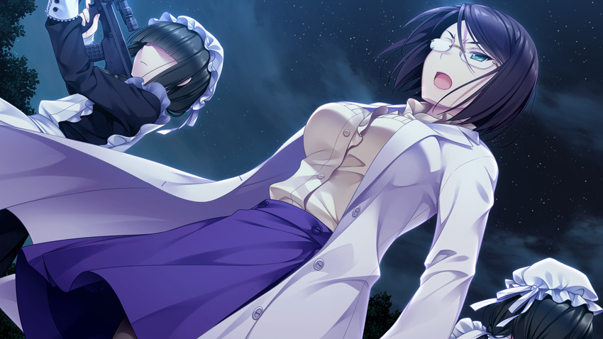 3girls black_hair blue_eyes blue_hair breasts game_cg glasses hello_lady! highres labcoat large_breasts looking_away maid maid_headdress multiple_girls night open_mouth saeki_hokuto short_hair skirt sky standing star stars weapon