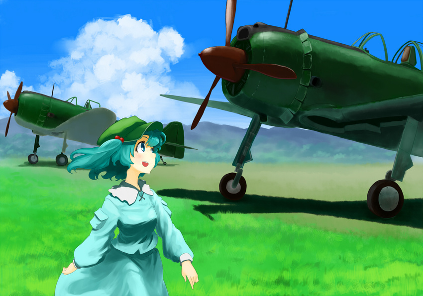 :d aircraft airplane aqua_eyes aqua_hair bad_id bad_pixiv_id blue_eyes capelet cloud commentary_request day field grass hair_bobbles hair_ornament hat kawashiro_nitori ki-43_hayabusa long_sleeves open_mouth propeller shiratama_(hockey) shirt skirt smile solo touhou two_side_up walking