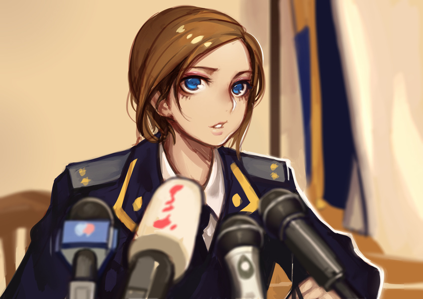 blonde_hair blue_eyes chair epaulettes evan_yang flag highres microphone military military_uniform natalia_poklonskaya parted_lips press_conference real_life short_hair solo uniform