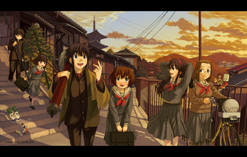 4girls :d anime_location architecture arms_behind_head bangs bicycle bicycle_basket black_footwear black_hair black_pants blouse blue_eyes blunt_bangs blush bob_cut brown_eyes brown_hair bug building bush calligraphy_brush cardigan cloud coat creature daikon dragonfly drainpipe east_asian_architecture gakuran glasses grey_skirt ground_vehicle headwear_removed helmet helmet_removed hill hitotsubashi_shoukichi hitotsubashi_yurie holding insect kamichu! long_hair long_sleeves looking_at_another looking_down looking_to_the_side multiple_boys multiple_girls naruko_hanaharu neckerchief ninomiya_kenji onomichi_(city) open_mouth pagoda paintbrush pants pleated_skirt power_lines railing saegusa_matsuri saegusa_miko school_briefcase school_uniform serafuku shadow shijou_mitsue shoes short_hair sidewalk skirt sky smile socks stairs sunset telephone_pole tile_roof town v_arms walking watermark