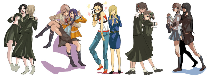 blonde_hair chin_rest closed_eyes comforting crossover forehead fujino_shizuru fukuzawa_yumi ga-rei ga-rei_zero hand_on_head highres isayama_yomi kannagi kimura_takako kuga_natsuki legs long_image maria-sama_ga_miteru matsudaira_touko mizuno_youko mochako_(motyako) multiple_girls my-hime ookouchi_shino satou_sei tsuchimiya_kagura wide_image yuri