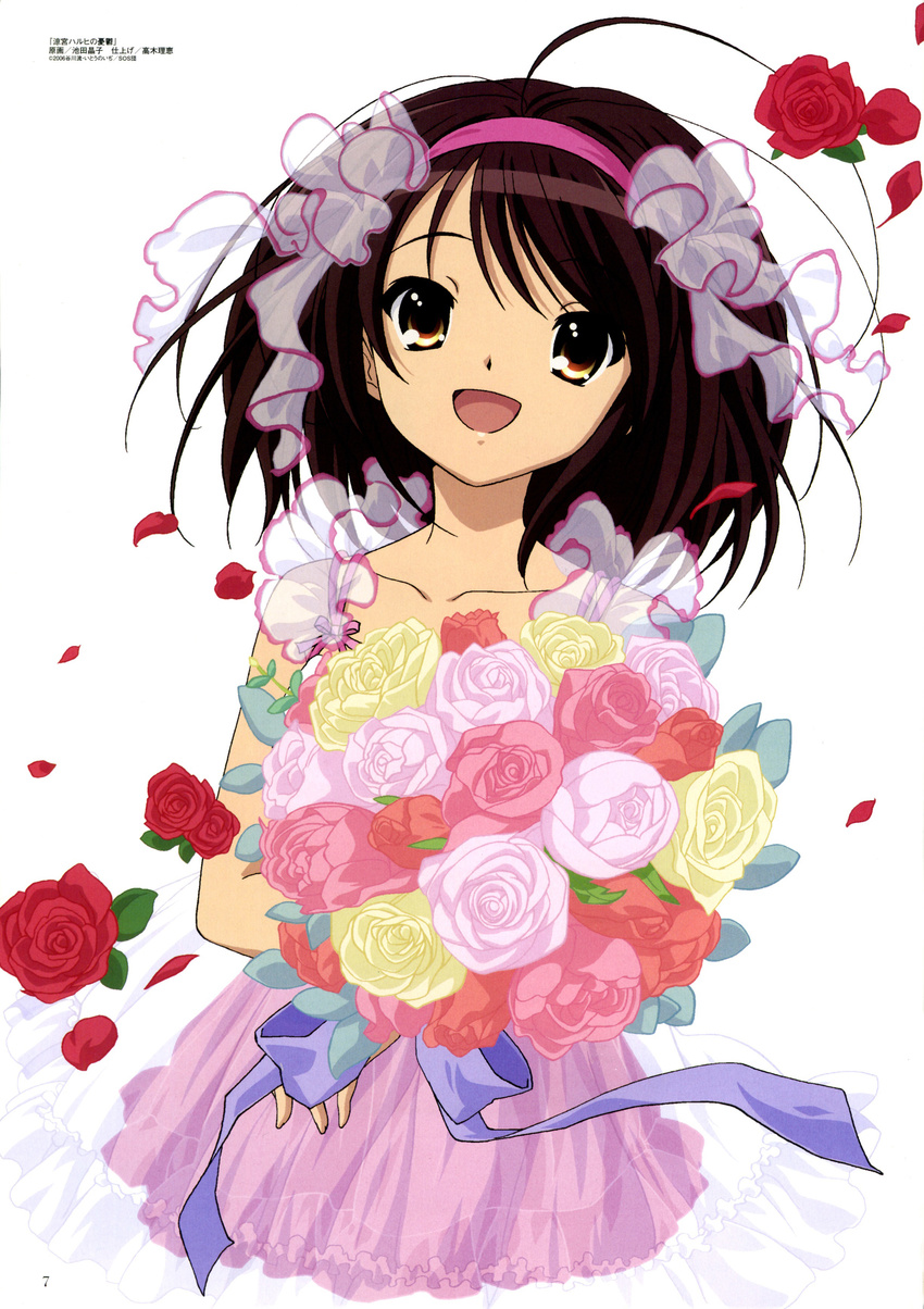 absurdres ahoge bouquet brown_hair flower highres huge_ahoge ikeda_shouko magazine_scan megami megami_deluxe official_art rose scan short_hair solo suzumiya_haruhi suzumiya_haruhi_no_yuuutsu