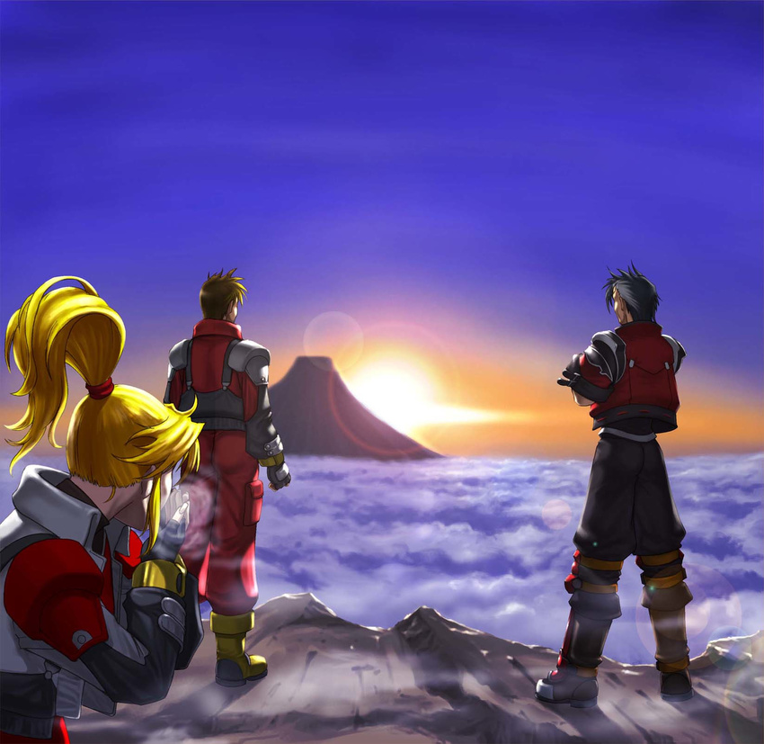 arisu_reiji blonde_hair boots breath cloud crossed_arms crossover excellen_browning fingerless_gloves from_behind gloves highres kazue kyousuke_nanbu lens_flare male_focus mountain mountaintop multiple_boys namco_x_capcom ponytail sky steam sunset super_robot_wars uniform