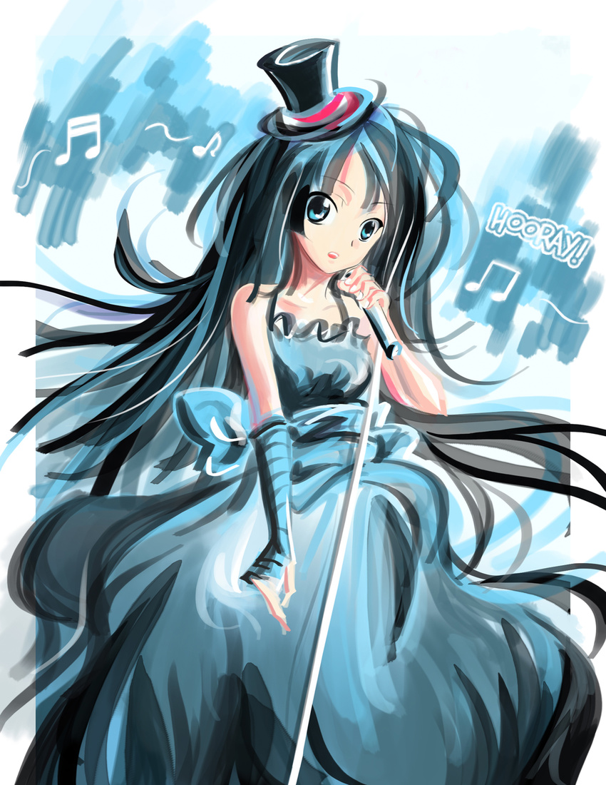 akiyama_mio bad_id bad_pixiv_id black_hair don't_say_"lazy" dress hat highres k-on! long_hair microphone microphone_stand mini_hat mini_top_hat music qianshuhao singing solo top_hat