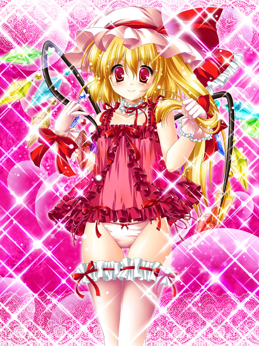 1girl babydoll blonde_hair bow bow_panties camisole choker commentary_request flandre_scarlet frilled_thighhighs frills gloves hat highres holding holding_own_hair kamiya_tomoe large_bow long_hair mob_cap neck_ribbon one_side_up panties photoshop_(medium) pink_theme pink_thighhighs red_eyes ribbon smile solo sparkle thighhighs touhou underwear very_long_hair white_hat