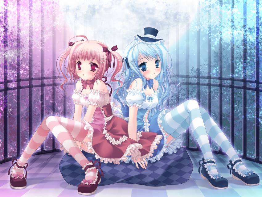 bad_id bad_pixiv_id blue_eyes blue_hair checkered garter_belt hair_ornament hair_ribbon hat heart heart_hair_ornament highres long_hair multiple_girls original pink_hair red_eyes ribbon sitting takano_yuki_(allegro_mistic) thighhighs twintails wallpaper zettai_ryouiki