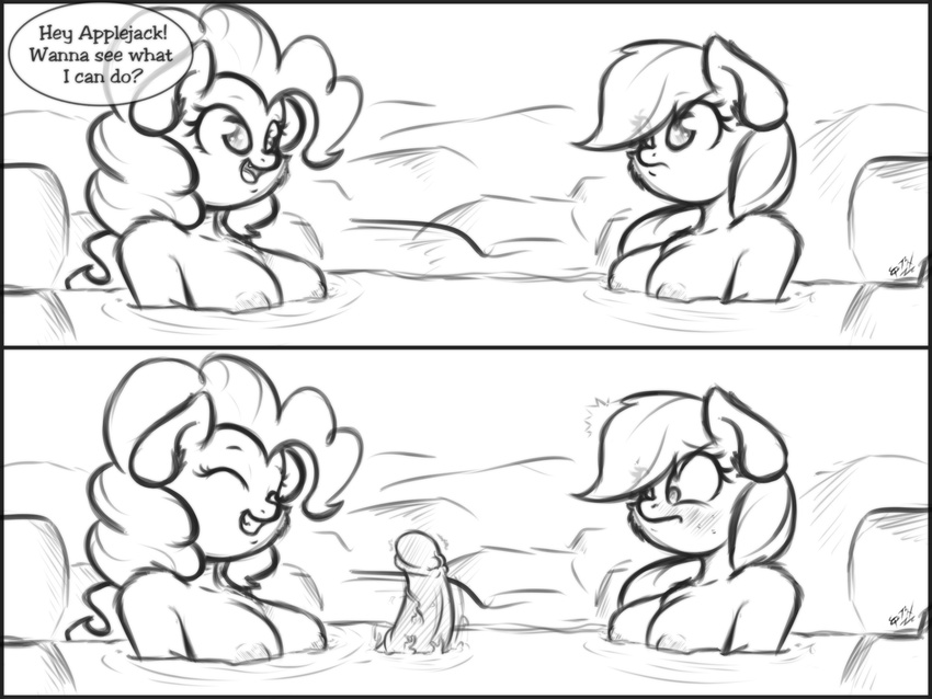 absurd_res animal_genitalia anthro anthrofied applejack_(mlp) blush dialog dickgirl english_text ep777 equine eyes_closed female friendship_is_magic hi_res horse horsecock hot_spring intersex mammal monochrome my_little_pony penis pinkie_pie_(mlp) pony shocked smile text water