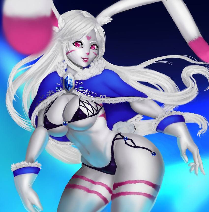 &lt;3 breasts cape cleavage clothed clothing dclzexon female fur gloves hair lagomorph lips long_hair looking_at_viewer mammal navel panties pink_eyes pink_fur pink_lips pink_nose rabbit skimpy smile solo stripes thick_thighs thighs under_boob underwear white_fur white_hair