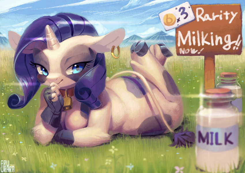 anthro anthrofied aruurara blue_eyes blush bovine cattle cowbell ear_piercing english_text equine female fingerless_gloves friendship_is_magic glass gloves grass hair horn looking_at_viewer lying mammal milk my_little_pony on_front outside piercing purple_hair raricow_(mlp) rarity_(mlp) sign solo text unicorn