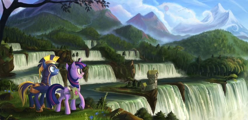 birds blue_eyes blue_fur devinian duo equine female friendship_is_magic fur hair hi_res horn horse house male mammal mountain multi-colored_hair my_little_pony nature outside pegasus pony purple_eyes purple_fur purple_hair twilight_sparkle_(mlp) two_tone_hair water waterfall winged_unicorn wings