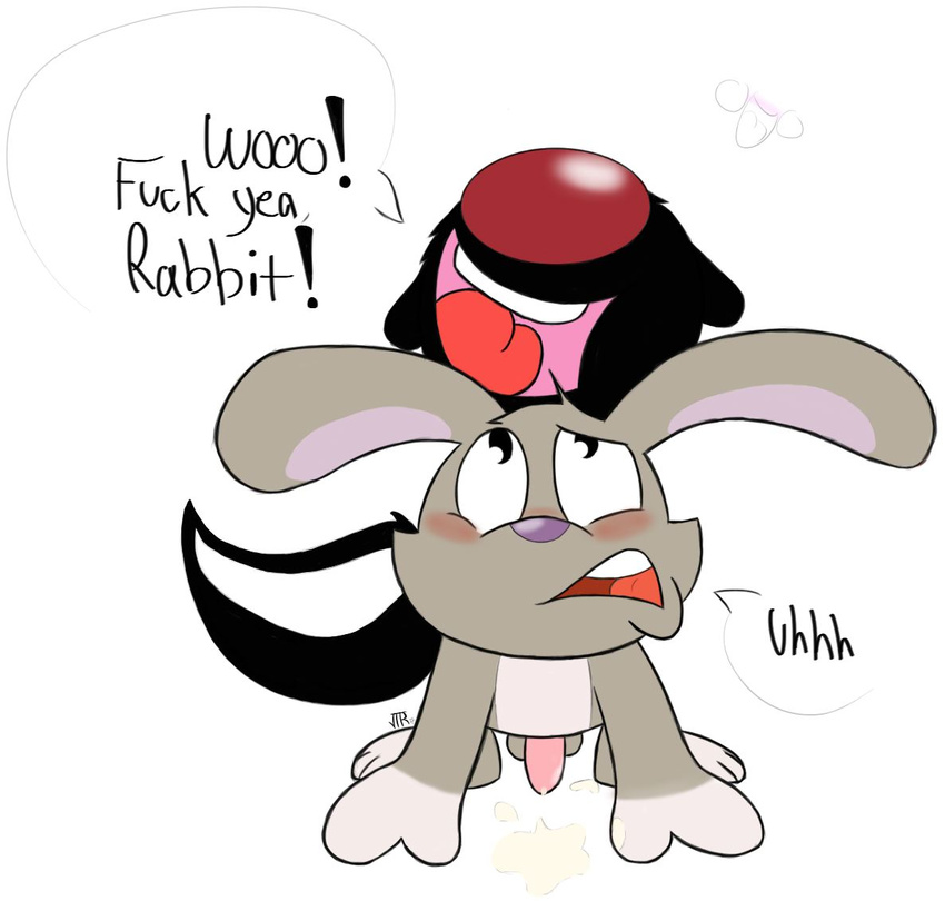 cartoon cum gay kippykat lagomorph male mammal penis plain_background rabbit skunk skunk_fu white_background