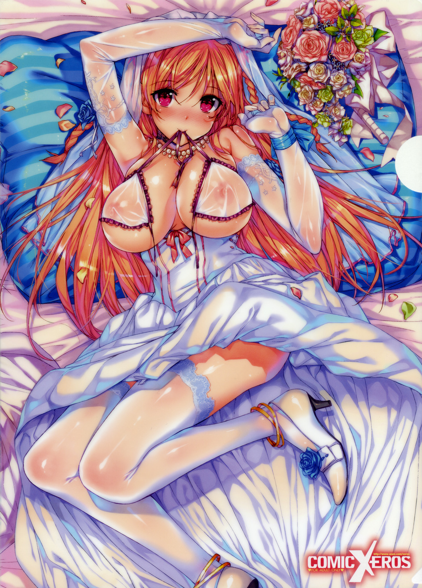 absurdres anklet arms_up bare_shoulders bed_sheet blonde_hair blue_flower blue_pillow blue_ribbon blue_rose blush bouquet bow bra breasts bridal_veil cleavage dress elbow_gloves flower gloves green_flower green_rose hand_up highres huge_breasts huge_filesize jewelry katsurai_yoshiaki koku_haku_lovers lace lace-trimmed_thighhighs lying on_back orange_hair petals pink_bow pink_eyes pink_flower pink_rose ribbon rose see-through smile solo takasaki_suzuka thighhighs underwear untied_bra veil wedding_dress white_flower white_gloves white_legwear white_rose