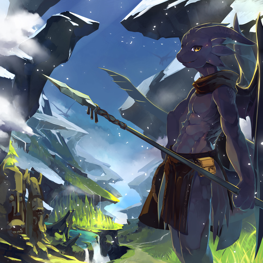 abs absurd_res anthro chilon cloud dragon grass hi_res horn looking_at_viewer male muscles outside polearm river sculpture sky solo spear statue tree water weapon wings yellow_eyes