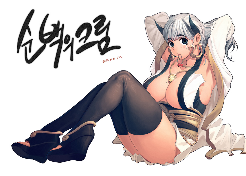 absurdres adjusting_hair arms_up bad_id bad_pixiv_id between_breasts black_eyes blade_&amp;_soul blush breasts cleavage hair_bobbles hair_ornament highres horns large_breasts medallion mole mole_on_breast mouth_hold sitting solo thighhighs thomas_hewitt white_hair zettai_ryouiki