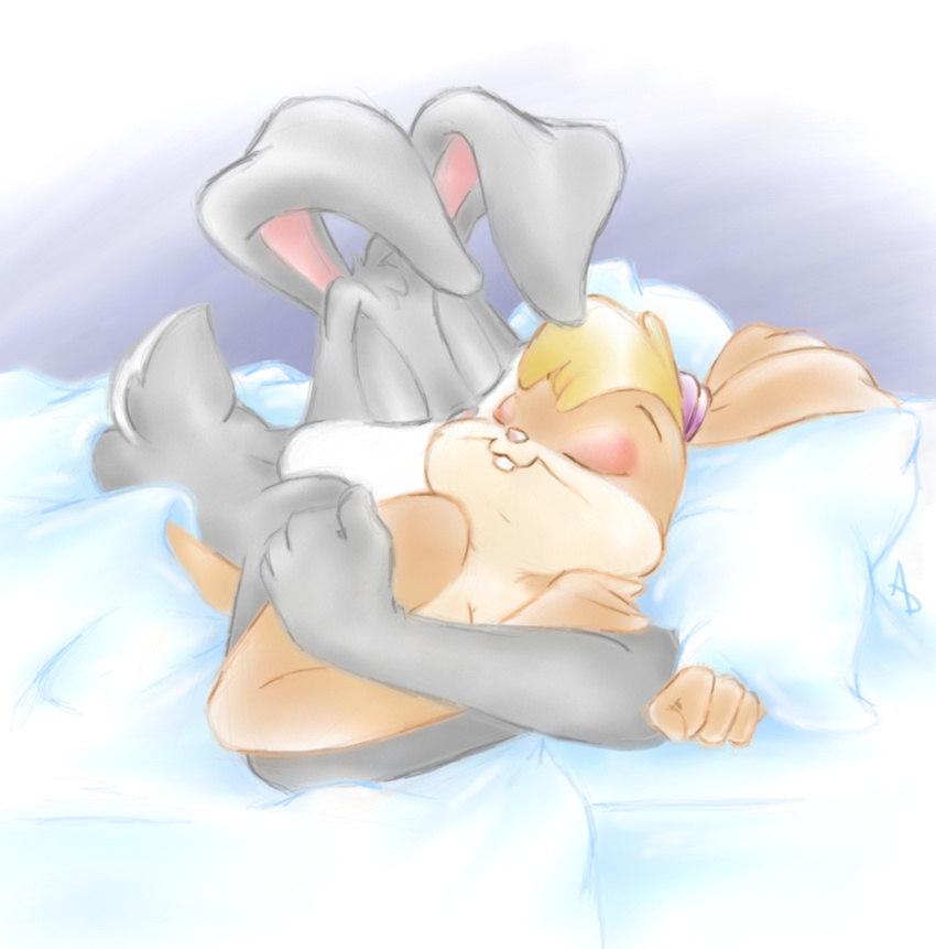 bed breasts bugs_bunny cleavage clothed clothing couple cuddling duo eyes_closed female hair hug kissing lagomorph littletiger488 lola_bunny looney_tunes love lying male mammal nude rabbit smile space_jam straight warner_brothers
