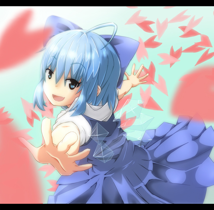 ahoge blue_background blue_eyes blue_hair bow cirno dress fang gradient gradient_background hair_bow key_(a30013001) letterboxed looking_at_viewer open_mouth outstretched_arms petals short_hair short_sleeves sidelocks solo spread_arms touhou wings