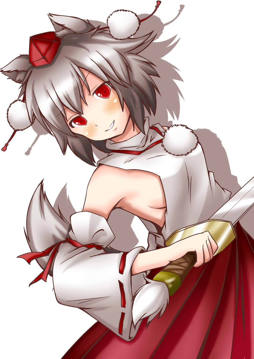 absurdres animal_ears bare_shoulders blush breasts detached_sleeves hat highres inubashiri_momiji koniiru looking_at_viewer medium_breasts no_bra pom_pom_(clothes) red_eyes short_hair sideboob silver_hair simple_background skirt smile solo sword tail tokin_hat touhou weapon white_background wolf_ears wolf_tail