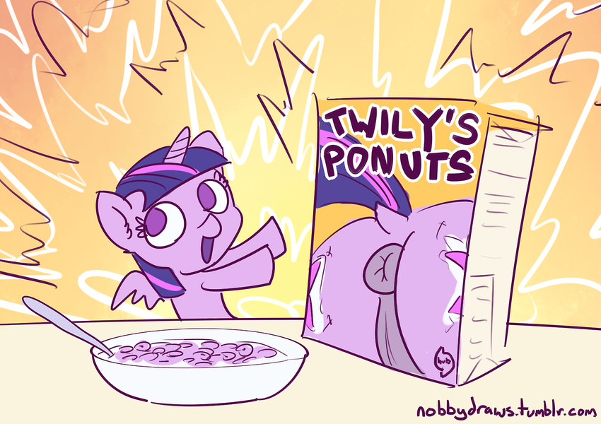 advertisement anus bowl butt cereal chibi cutie_mark english_text equine female feral food friendship_is_magic fur hair horn humor mammal multi-colored_hair my_little_pony nobbydraws open_mouth puffy_anus purple_eyes purple_fur purple_hair pussy solo spoon text twilight_sparkle_(mlp) two_tone_hair winged_unicorn wings