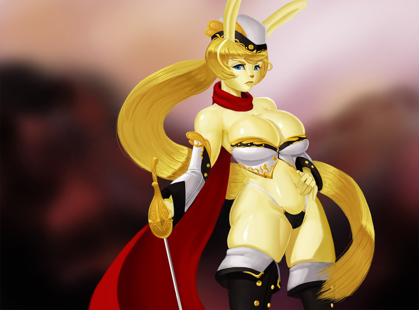 animal_ears big_breasts blonde_hair blue_eyes boots breasts cleavage clothed clothing dclzexon female hair hat human lagomorph lips long_hair looking_at_viewer mammal navel panties rabbit rabbit_ears rabbitgirl scarf solo standing sword thigh_boots thigh_high_boots underwear weapon yellow_lips yellow_nose yellow_skin