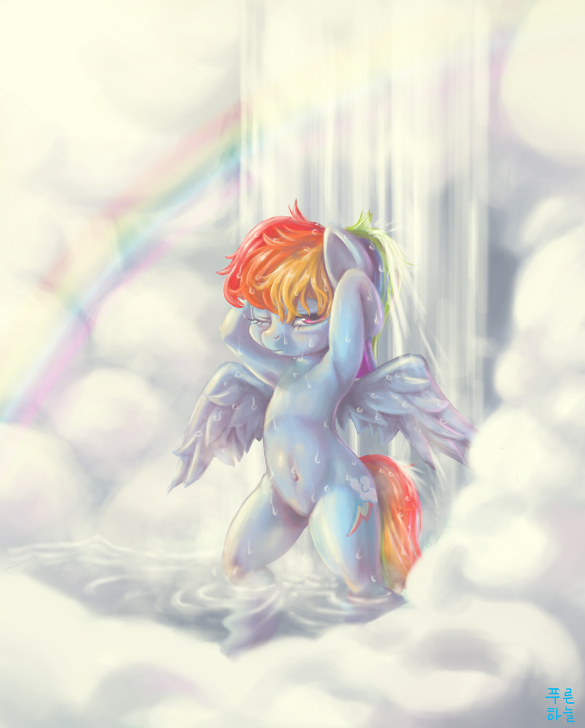 anthro anthrofied arms_behind_head blush cutie_mark equine female flat_chested friendship_is_magic hair looking_at_viewer mammal mrs1989 multi-colored_hair my_little_pony navel nude one_eye_closed outside pegasus rainbow rainbow_dash_(mlp) rainbow_hair solo standing water waterfall wet wings