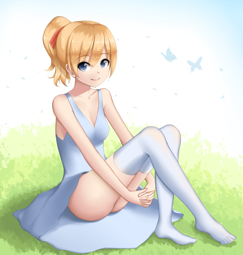 blonde_hair blue_dress blue_eyes breasts bug butterfly chinese_commentary closed_mouth collarbone commentary_request dress eyebrows_visible_through_hair hair_between_eyes highres hui_yu insect looking_at_viewer no_shoes original own_hands_together ponytail short_hair silhouette sitting sleeveless sleeveless_dress small_breasts smile thighhighs white_legwear