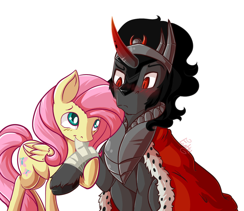 bandage black_hair blue_eyes blush cutie_mark duo equine evehly female fluttershy_(mlp) friendship_is_magic fur grey_fur hair horn king_sombra_(mlp) long_hair male mammal my_little_pony pegasus pink_hair plain_background red_eyes smile unicorn white_background wings yellow_fur