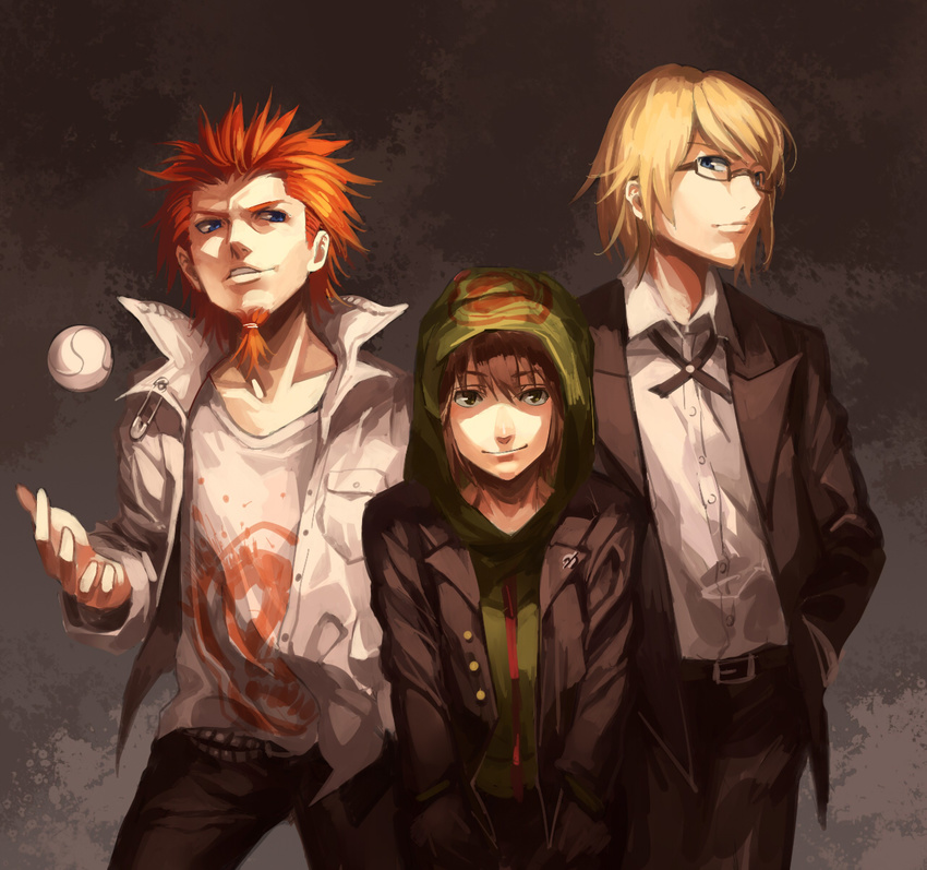 baseball blonde_hair blue_eyes brown_hair danganronpa danganronpa_1 facial_hair glasses goatee green_eyes hands_in_pockets highres hood hoodie kuwata_reon male_focus multiple_boys naegi_makoto red_hair ruukii_drift smile togami_byakuya