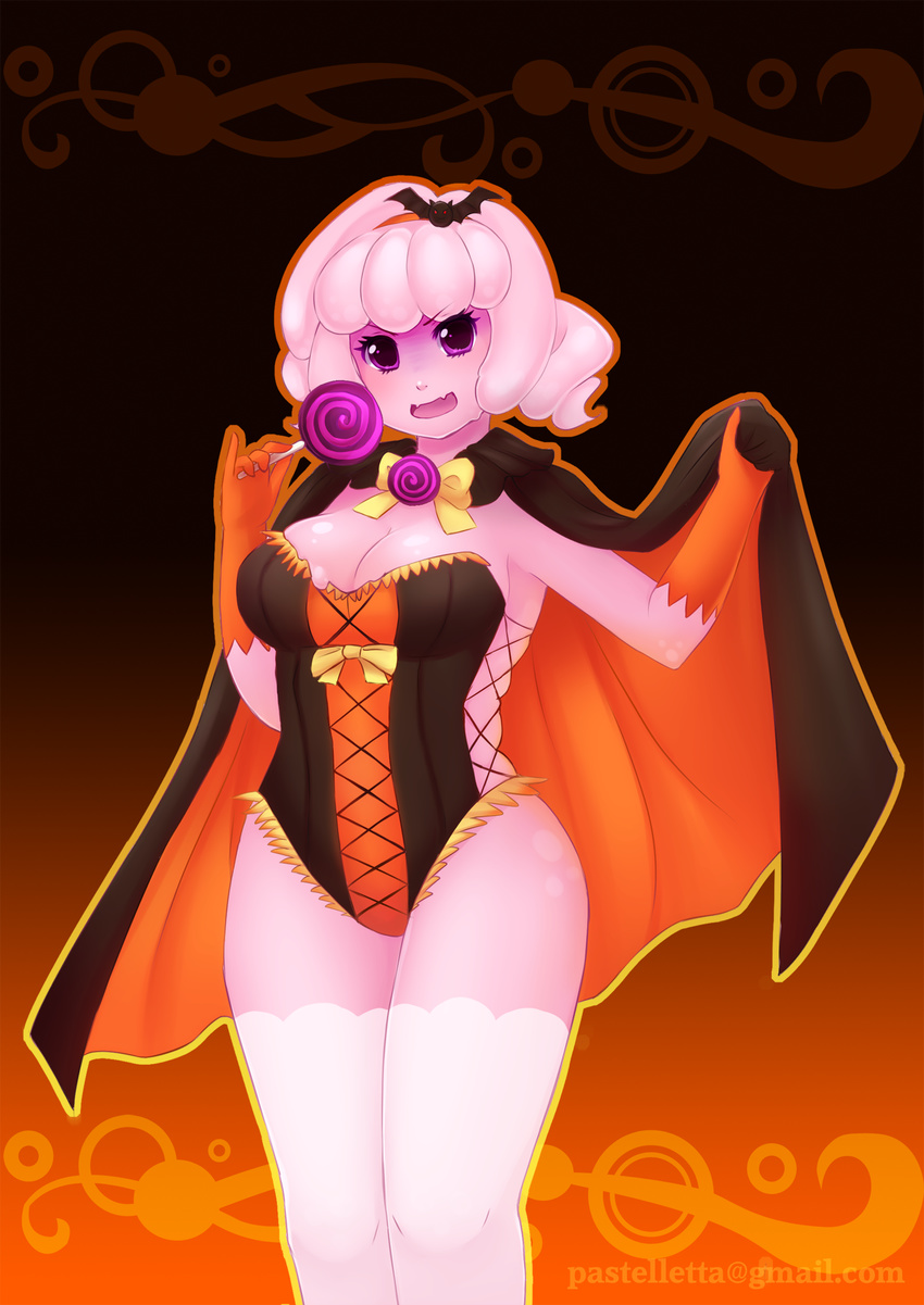 blush bow breasts candy cape cleavage clothed clothing corset female goo hair hi_res legwear lollipop looking_at_viewer monster open_mouth pastelletta pink_eyes pink_hair pink_skin short_hair smile solo standing stockings thighs