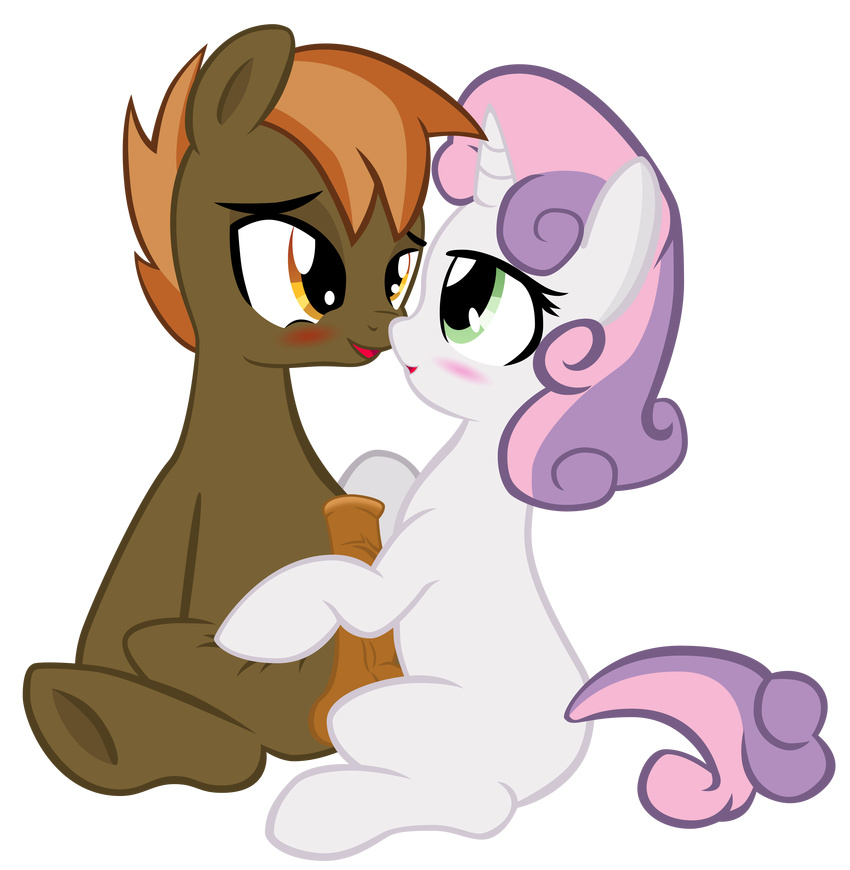 anibaruthecat balls blush brown_fur button_mash_(mlp) cute duo equine female friendship_is_magic fur green_eyes hair hi_res hoofjob horn horse male mammal my_little_pony open_mouth penis pony purple_hair sweetie_belle_(mlp) two_tone_hair unicorn white_fur